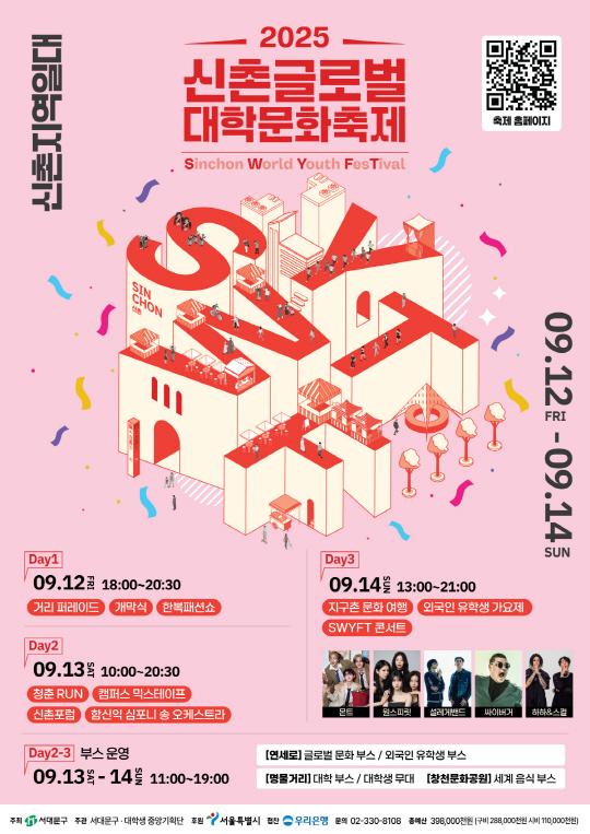 2025 신촌글로벌 대학문화축제 Sinchon World Youth FesTival 신촌지역일대 09.12 FRI - 09.14 SUN Day1 09.12 18:00~20:30 거리 퍼레이드 개막식 한복패션쇼 Day2 09.13 10:00~20:30 청춘 RUN 캠퍼스 믹스테이프 신촌포럼 함신익 심포니 송 오케스트라 Day2-3 부스 운영 09.13-14 11:00~19:00 [연세로] 글로벌 문화 부스 / 외국인 유학생 부스 [명물거리] 대학 부스 / 대학생 무대 [창천문화공원] 세계 음식 부스 Day3 09.14 13:00~21:00 지구촌 문화 여행 외국인 유학생 가요제 SWYFT 콘서트 주최 서대문구 주관 서대문구· 대학생 중앙기획단 후원 서울특별시 협찬 우리은행 문의 02-330-8108 총예산 398,000천원 (구비 288,000천원 시비 110,000천원)
