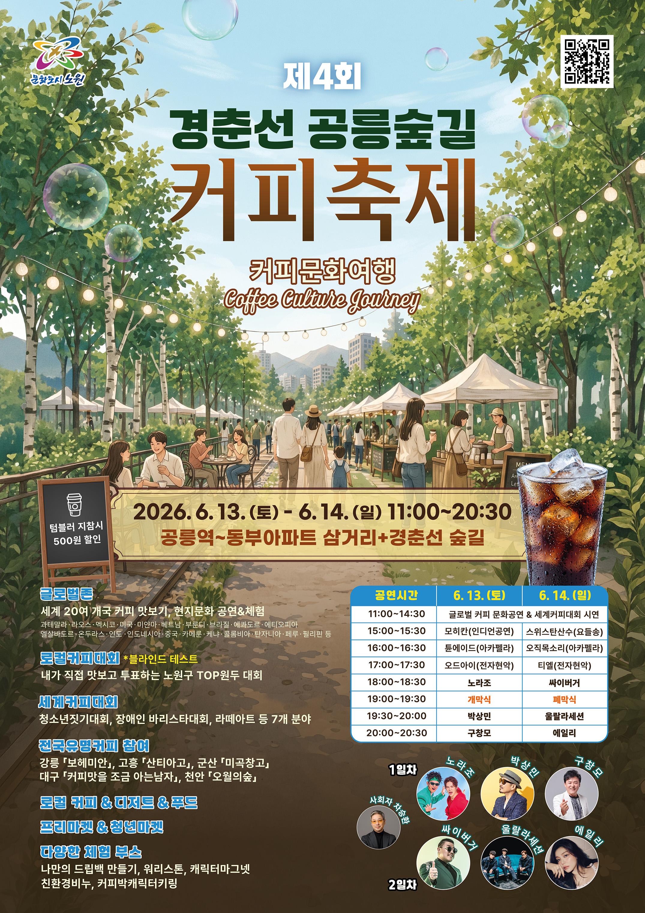 문화도시 노원 제4회 경춘선 공릉숲길 커피축제 커피문화여행 2026.6.13.(토) - 6.14.(일) 11:00~20:30 공릉역~동부아파트 삼거리+경춘선 숲길 텀블러 지참시 500원 할인 글로벌존 세계 20여 개국 커피 맛보기, 현지문화 공연&체험 로컬커피대회 *블라인드 테스트 내가 직접 맛보고 투표하는 노원구 TOP원두 대회 세계커피대회 청소년짓기대회, 장애인 바리스타대회, 라떼아트 등 7개 분야 전국유명커피 참여 강릉 보헤미안, 고흥 산티아고, 군산 미곡창고 대구 커피맛을 조금 아는남자, 천안 오월의숲 로컬 커피 & 디저트 & 푸드 프리마켓 & 청년마켓 다양한 체험 부스 나만의 드립백 만들기, 워리스톤, 캐릭터마그넷 친환경비누, 커피박캐릭터키링