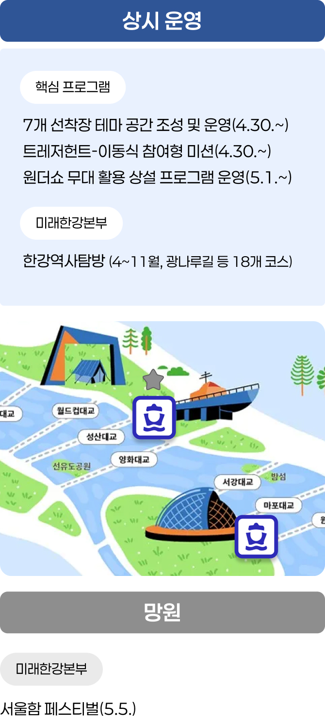 상시 운영 / 핵심 프로그램 - 7개 선착장 테마 공간 조성 및 운영(4.30.~), 트레저헌트-이동식 참여형 미션(4.30.~), 원더쇼 무대 활용 상설 프로그램 운영(5.1.~) / 미래한강본부 - 한강역사탐방 (4~11월, 광나루길 등 18개 코스) / 망원 / 미래한강본부 - 서울함 페스티벌(5.5.)